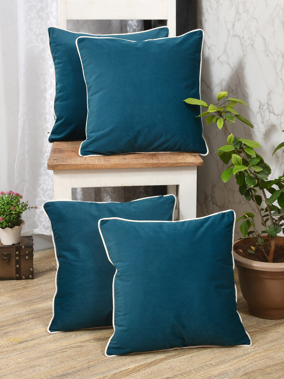 Clasiko Teal Velvet Durable 4 Piece Square Cushion Covers -18x18In