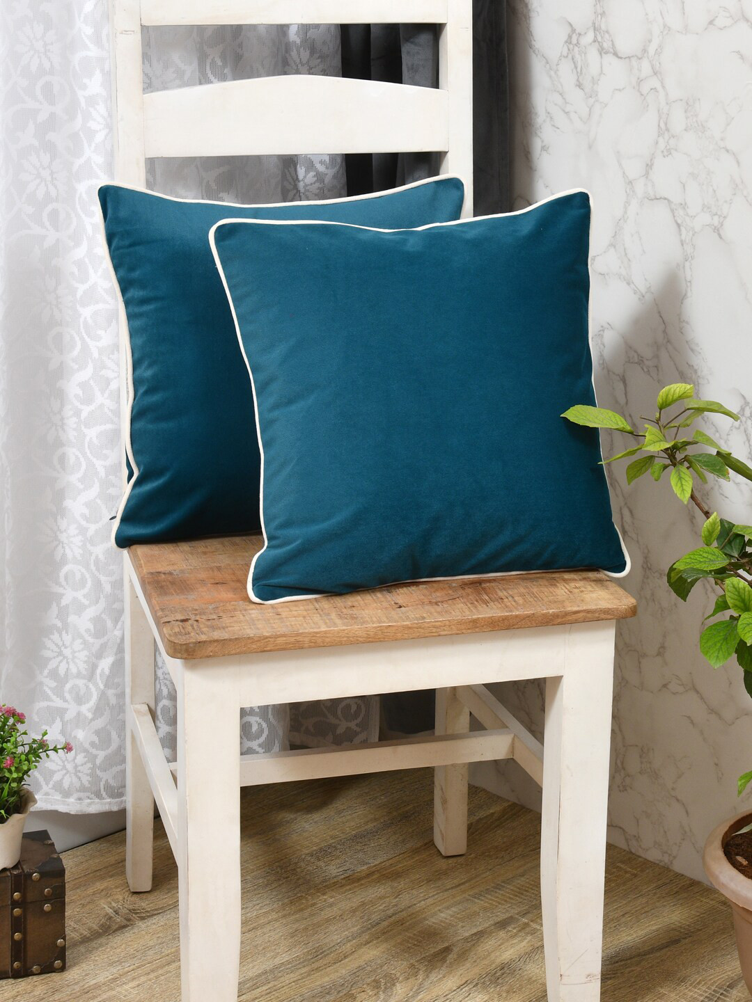 Clasiko Teal & White 2 Pieces Velvet Square Cushion Covers