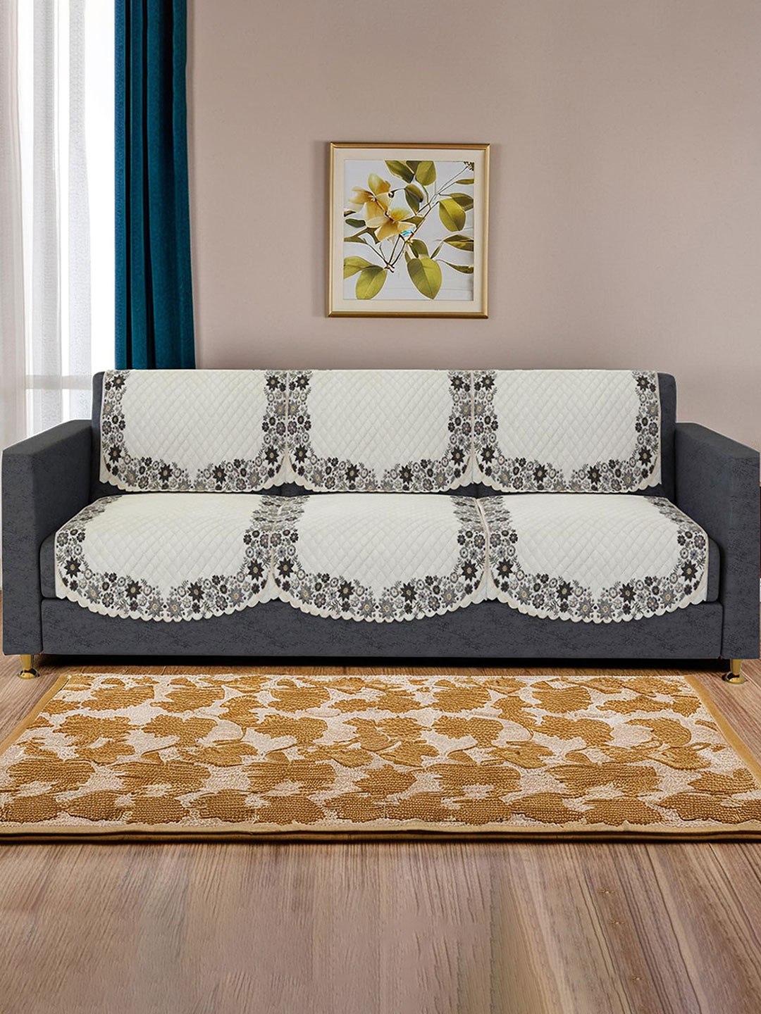 Kuber Industries Cream 6 Pcs Embroidered Velvet 5 Seater Ultra Sonic Slip Sofa Covers