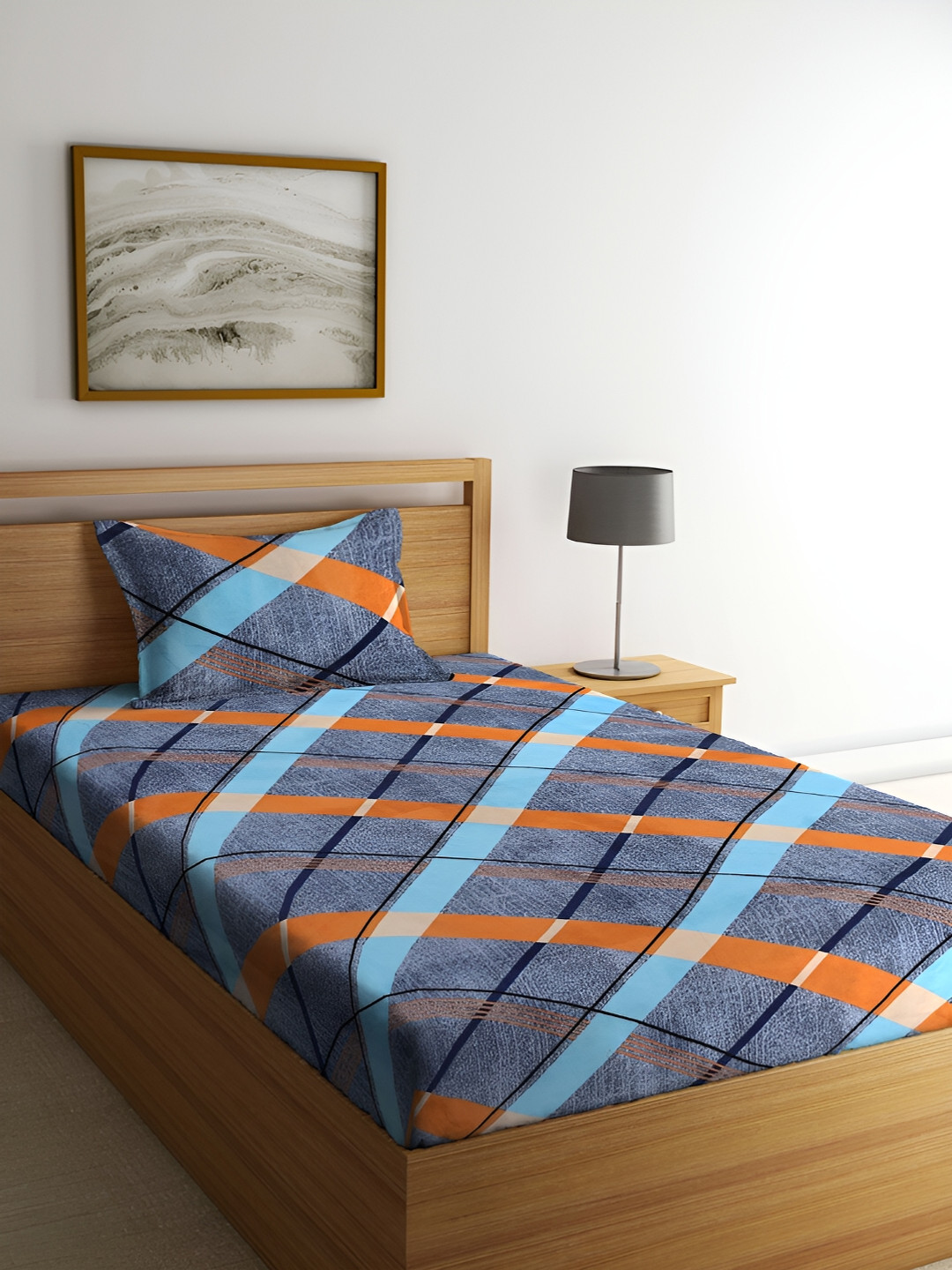 ERIC LONDON Blue Geometric Microfiber 144 TC Single Bedsheet with a Pillow Cover-60 x 90 inches