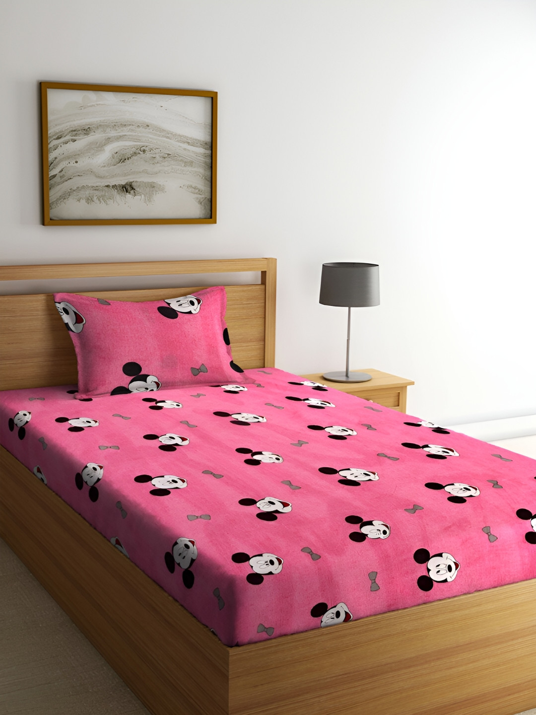 ERIC LONDON Jaipuri Pink Cartoon Characters Microfiber 144 TC Single Bedsheet with a Pillow Cover-152 x 228 cm