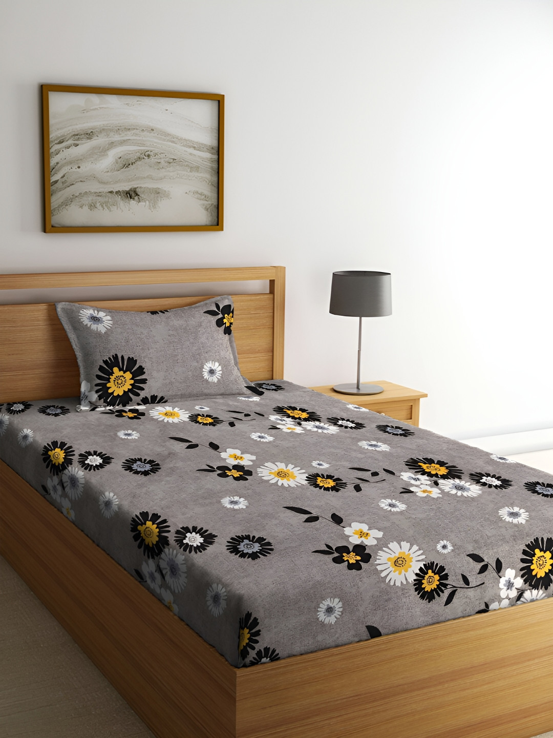 ERIC LONDON Grey Floral Microfiber 144 TC Single Bedsheet with a Pillow Cover-60 x 90 inches