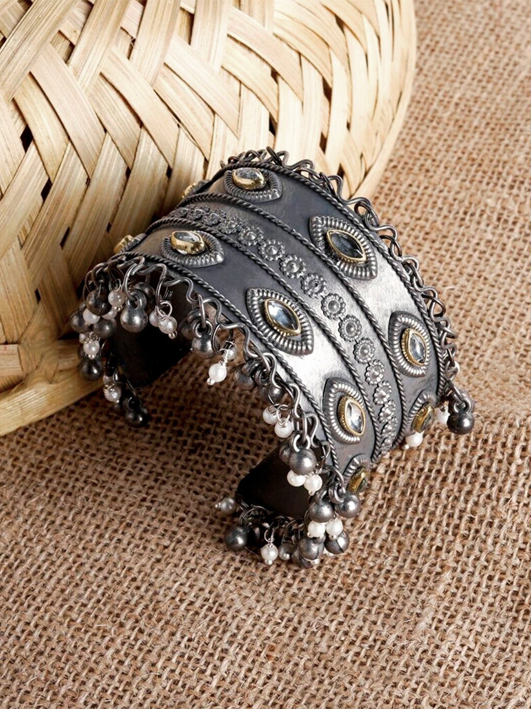 ATIBELLE German Silver Silver-Plated Kundan Bangle-Style Bracelet