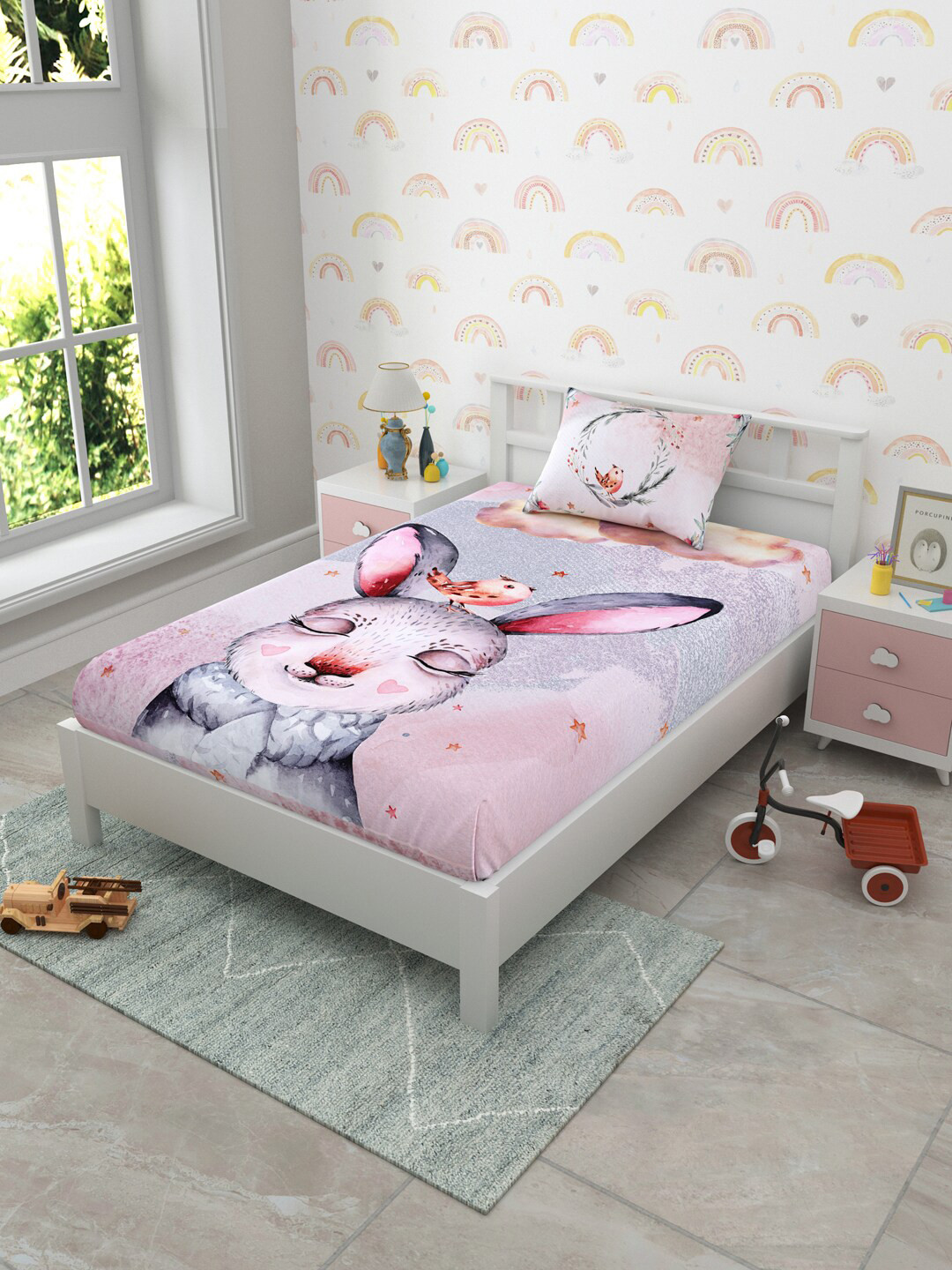 EverHOME Kids Pink Conversational Cotton 160 TC Single Bedsheet with 2 Pillow Covers-224 x 150 cm