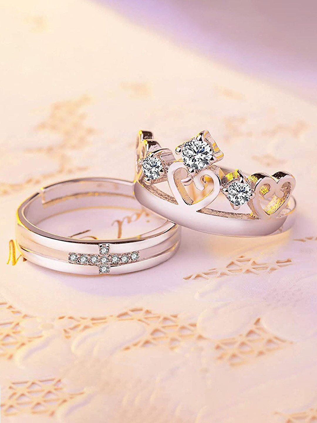 Krelin Set Of 2 Silver-Plated Cubic Zirconia Studded Crown Adjustable Couple Rings