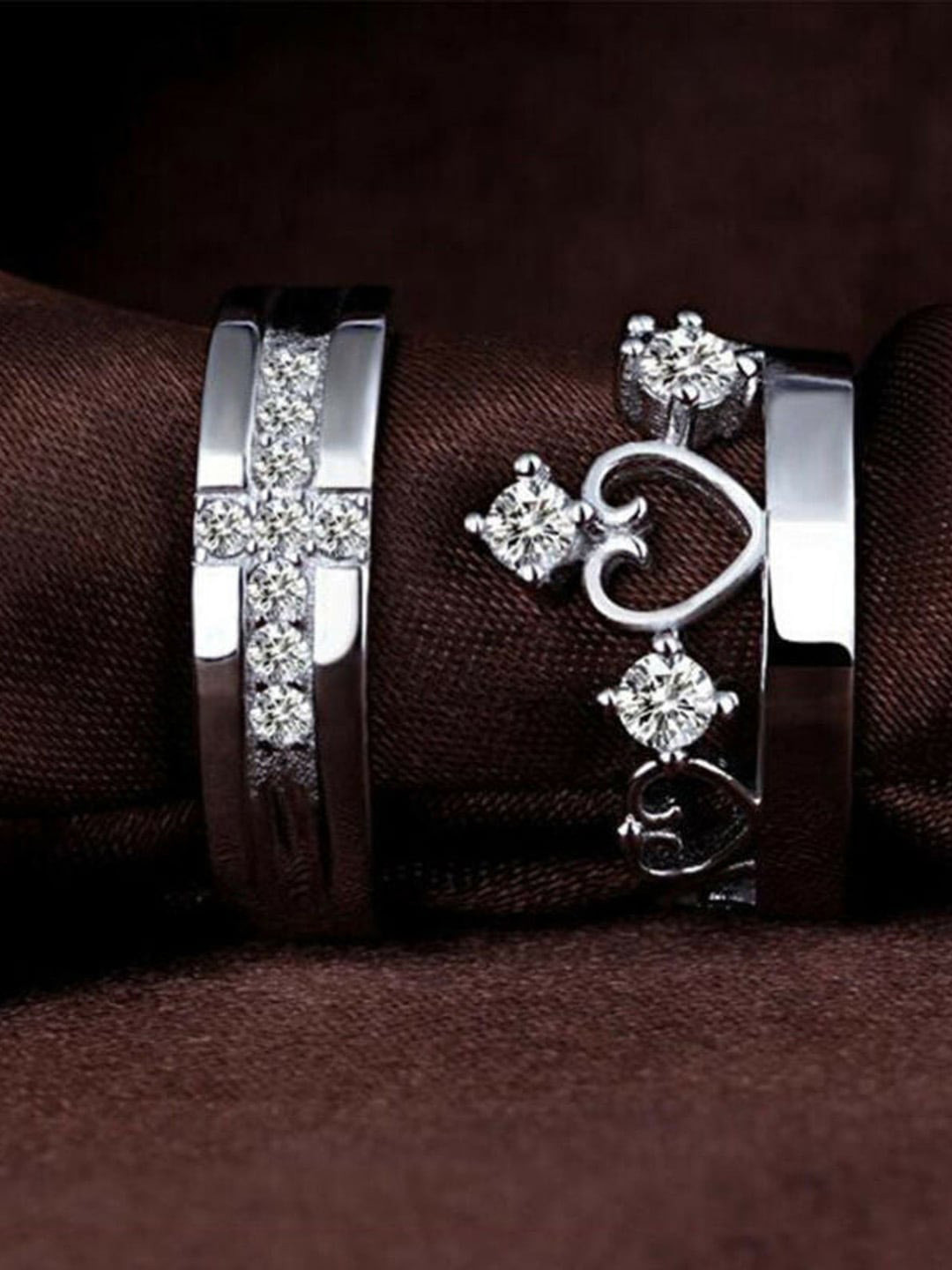Krelin Unisex Set Of 2 Sliver-Plated CZ-Studded Crown Adjustable Rings