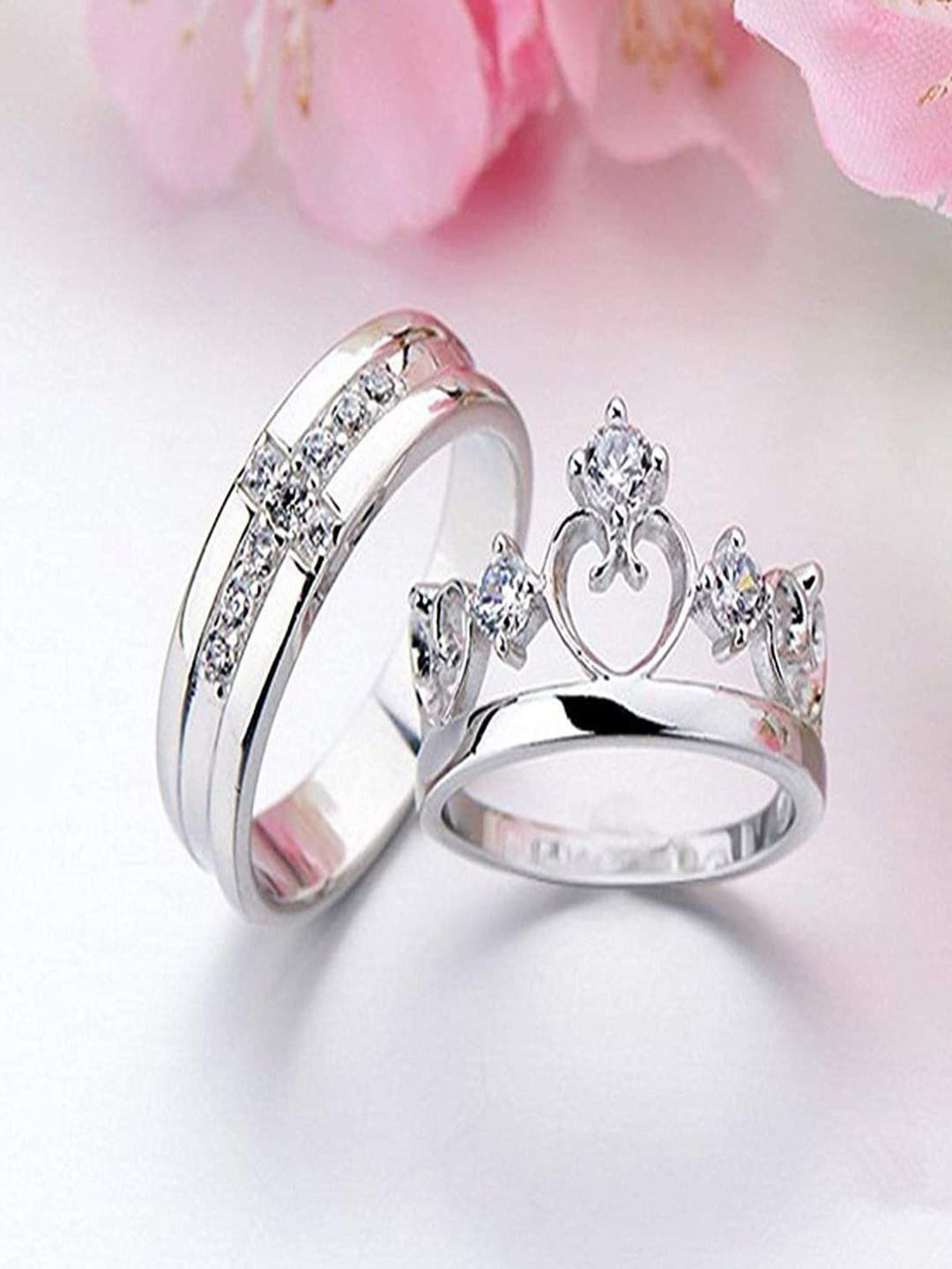 Krelin Unisex Set Of 2 Silver Plated Stones Studded Crown Shaped Finger Rings