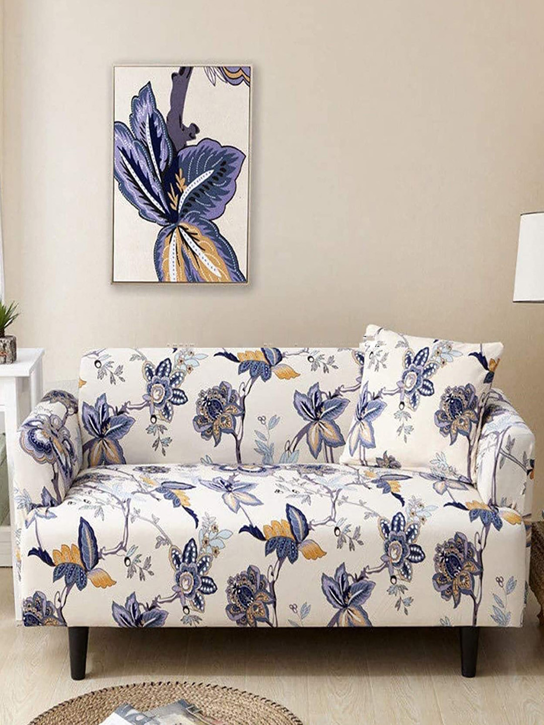 HOUSE OF QUIRK Beige & Blue Floral Printed Triple Seater Elasticated Sofa Cover With Arms