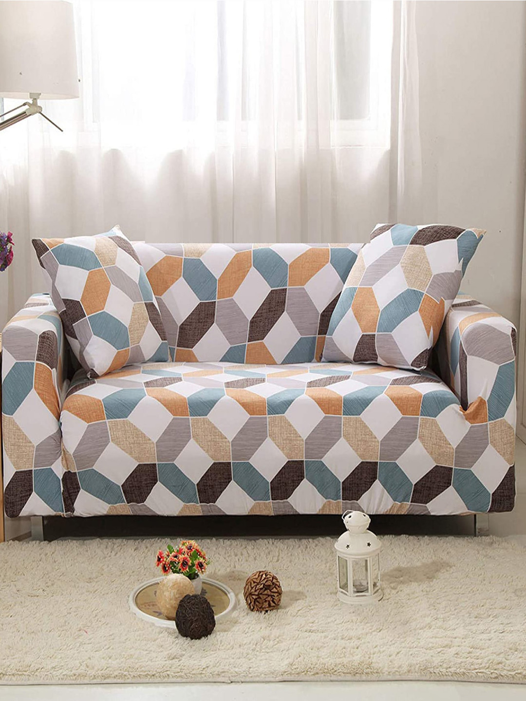 HOUSE OF QUIRK White & Blue Geometric Triple Seater Elasticated Sofa Cover With Arms