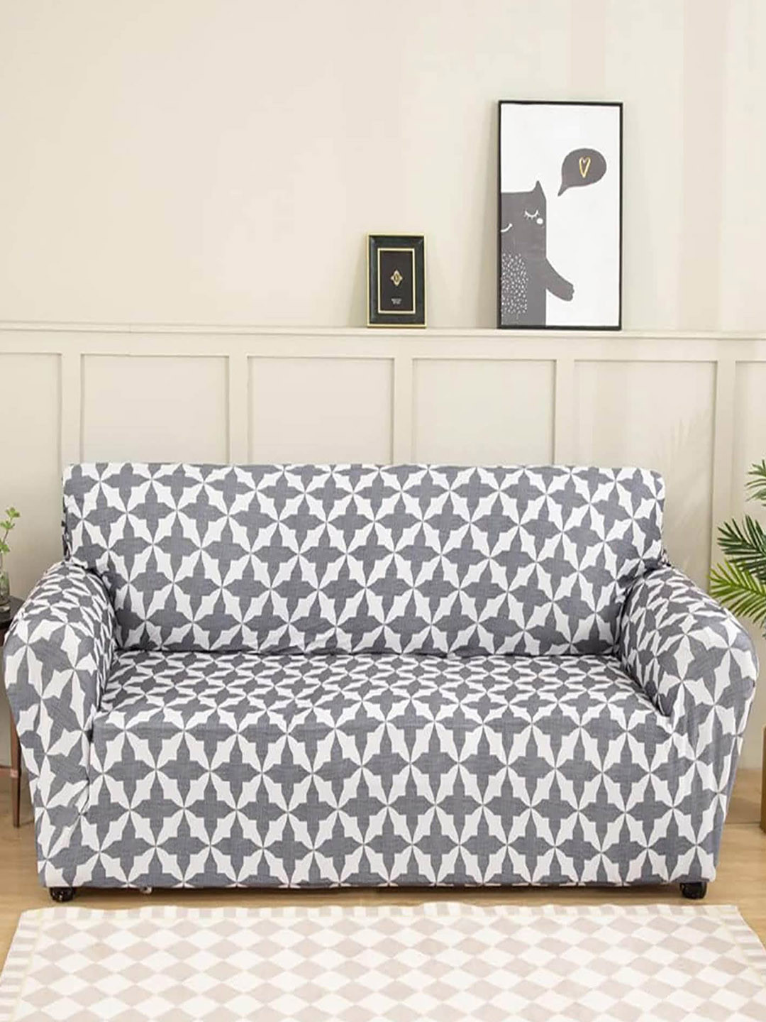 HOUSE OF QUIRK Grey & White Geometric Triple Seater Elasticated Sofa Cover With Arms