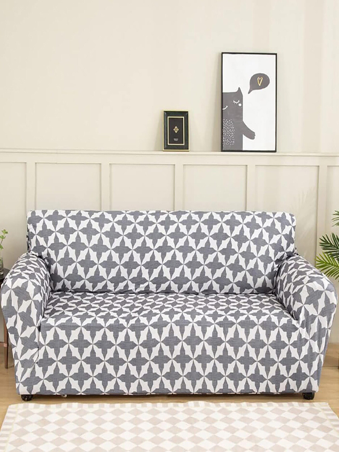 HOUSE OF QUIRK Grey & White Geometric Double Seater Elasticated Sofa Cover With Arms