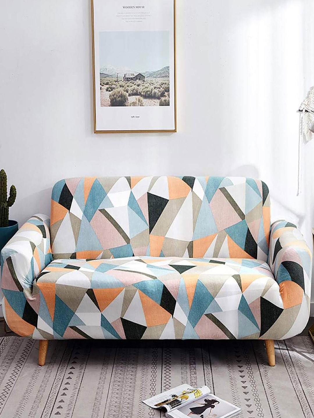 HOUSE OF QUIRK Grey & Orange Geometric Triple Seater Elasticated Sofa Cover With Arms