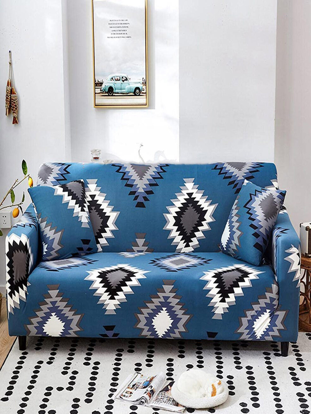 HOUSE OF QUIRK Blue & White Geometric Triple Seater Elasticated Sofa Cover With Arms