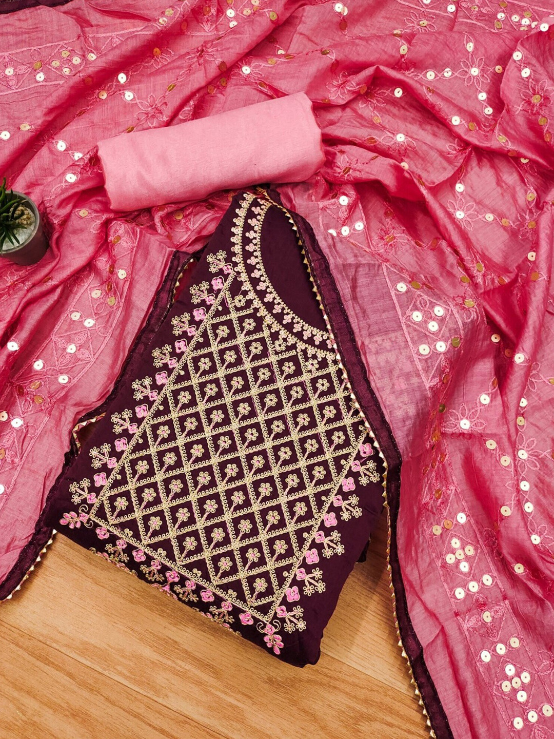 Panzora Purple Embroidered Art Silk Unstitched Dress Material