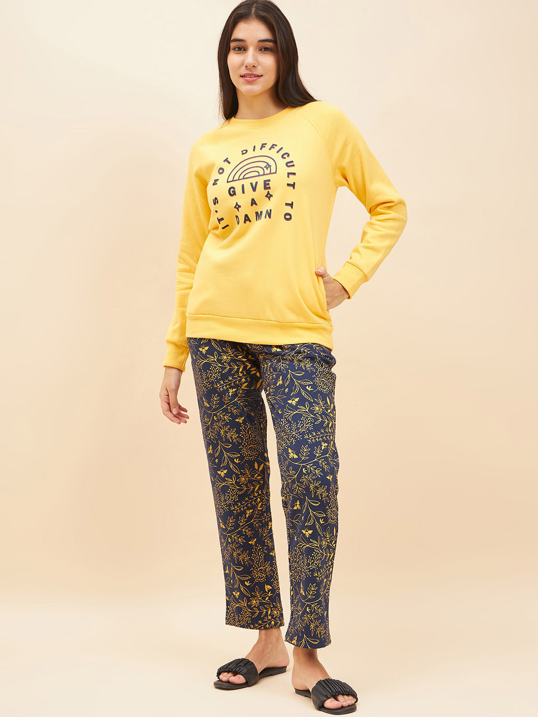 ETC Yellow Printed Round Neck Fleece Night Suit