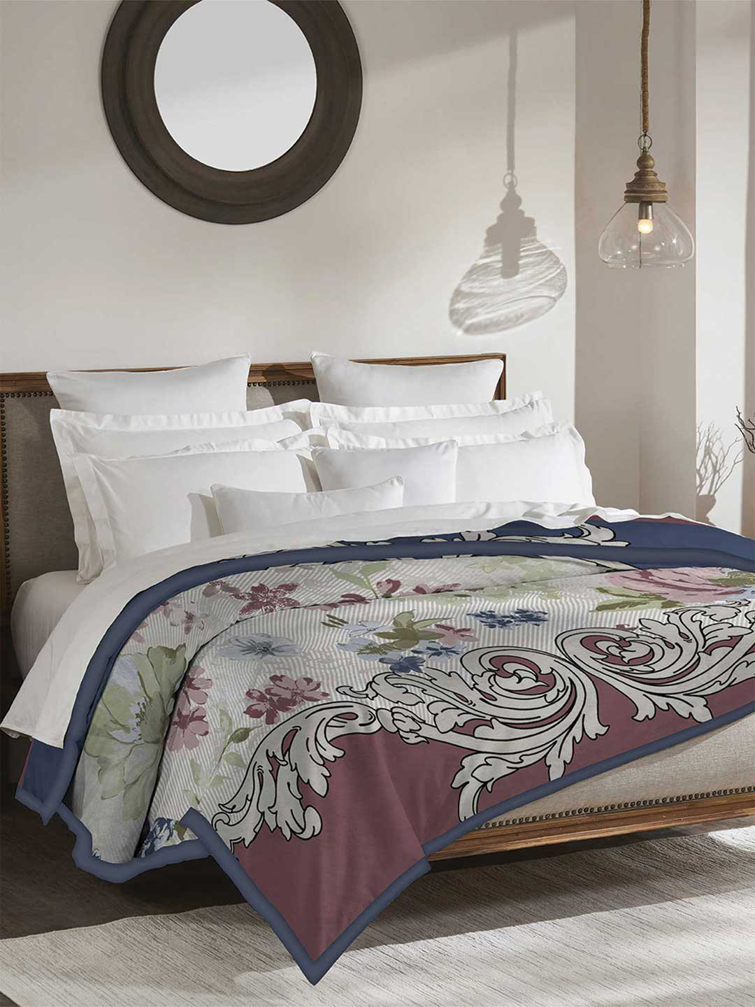 MYTRIDENT Classic Cozy Mauve & White Floral Microfiber 600 GSM Double Bed Blanket