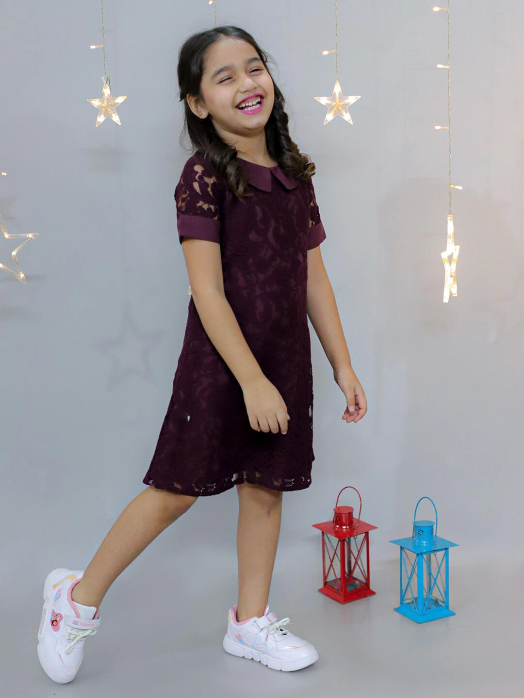 KidsDew Burgundy Girls Self Design Peter Pan Collar Lace A-Line Dress