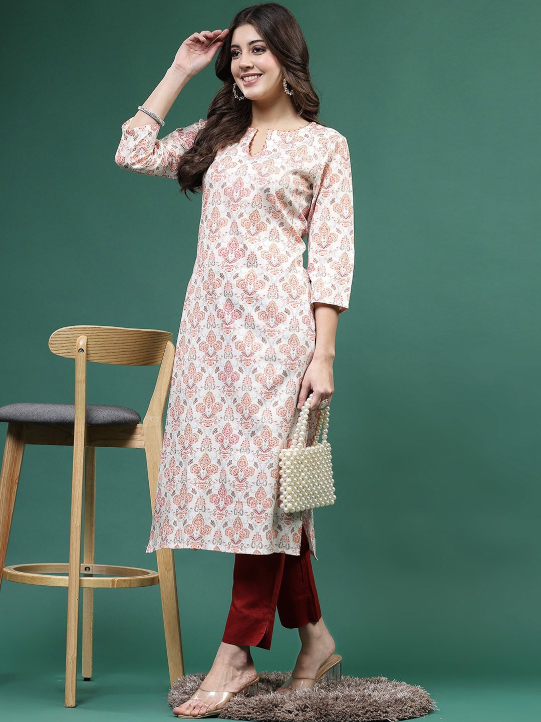 Ramas Floral Printed Thread Work Straight Kurta
