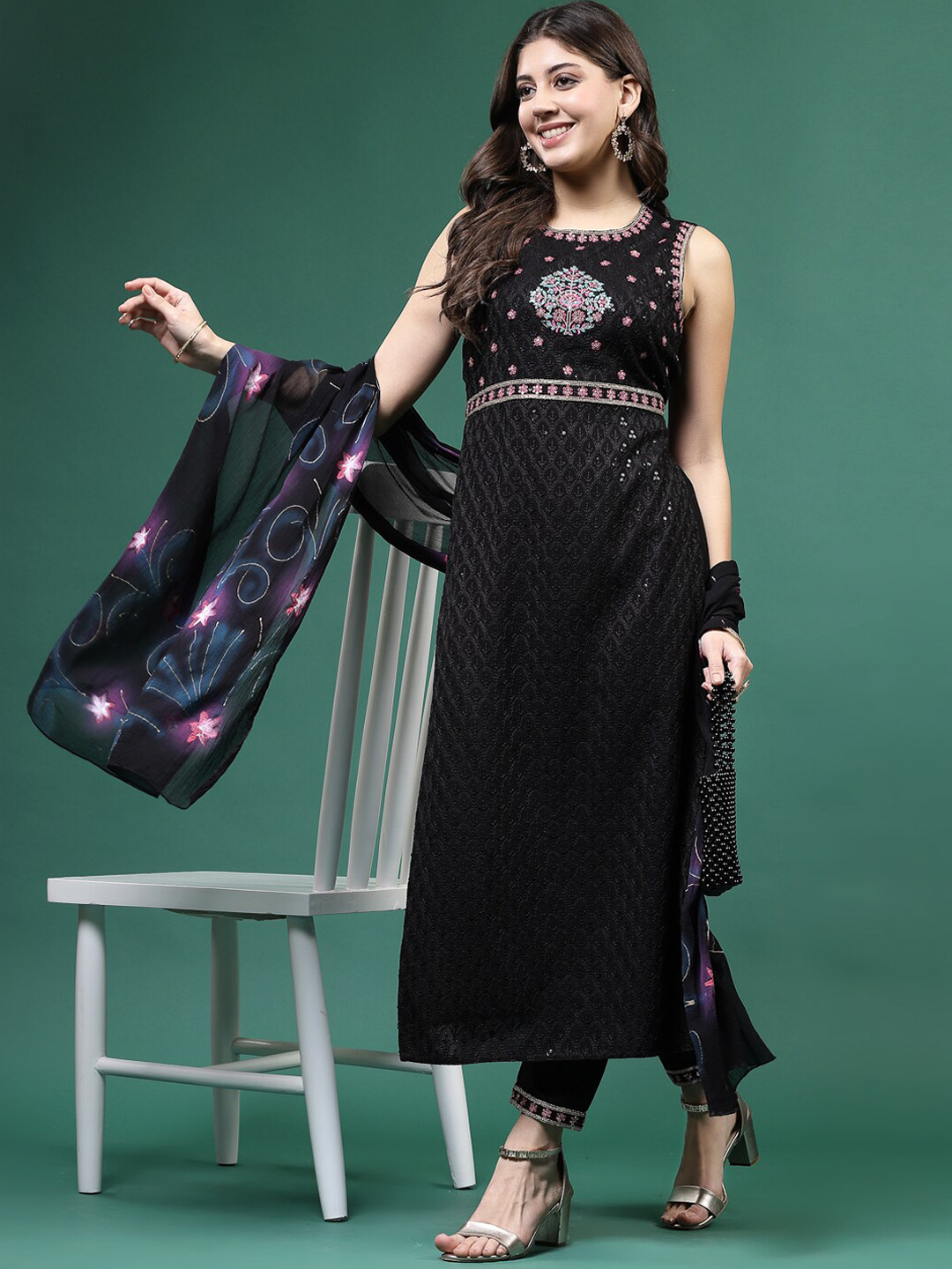 Ramas Embroidered Round Neckline Straight Kurta & Trousers With Dupatta