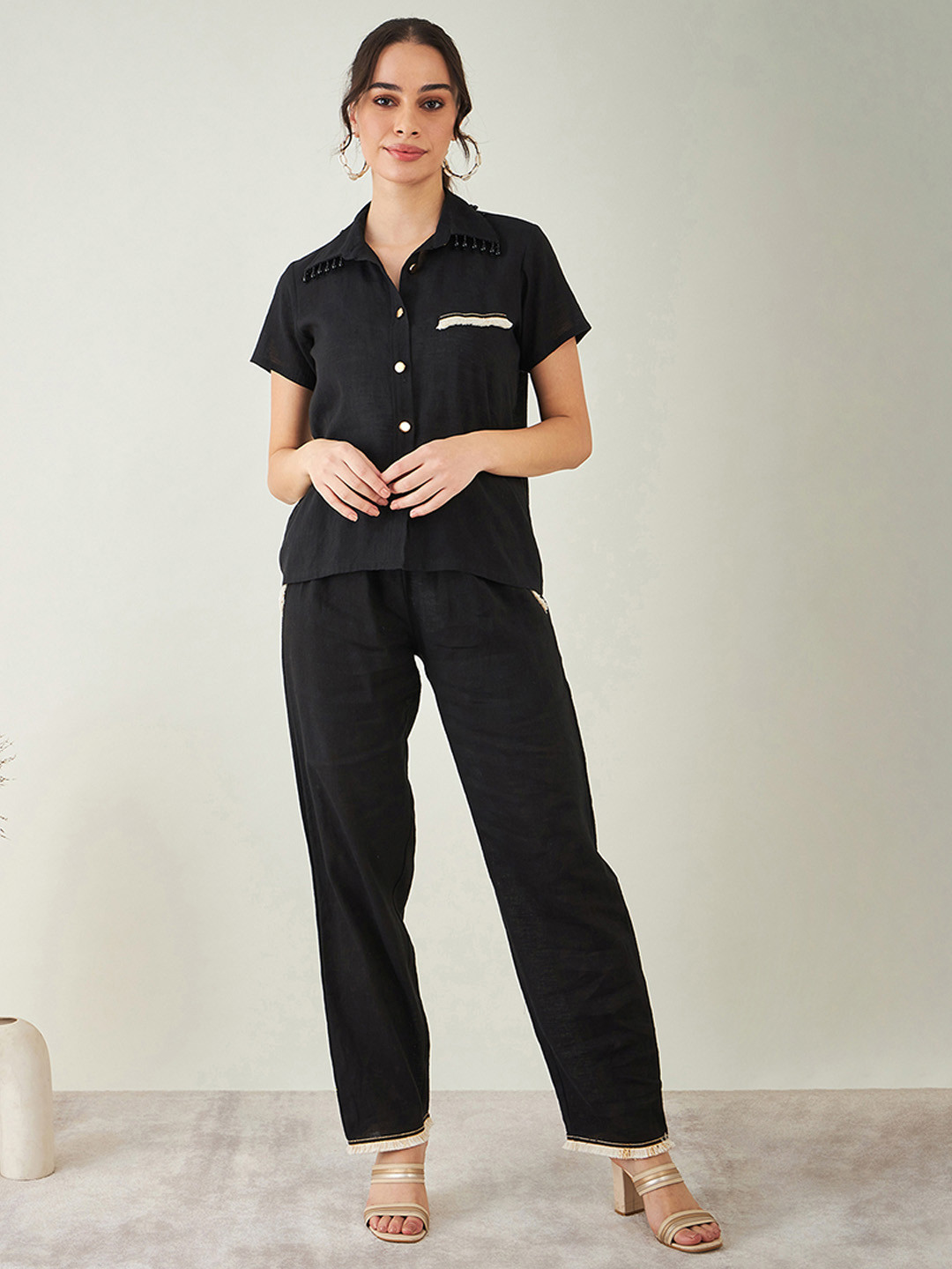 First Resort by Ramola Bachchan Short Sleeves Lace Detail Linen Shirt With Trouser