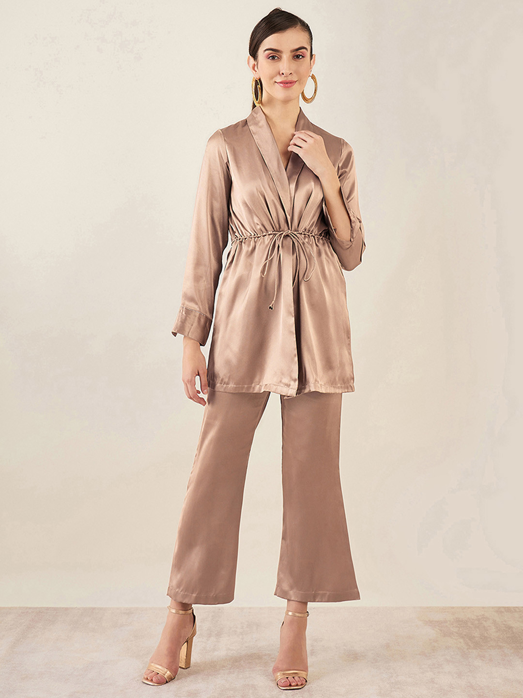 First Resort by Ramola Bachchan Shawl Collar Cuffed Sleeves Satin Tunic With Trouser