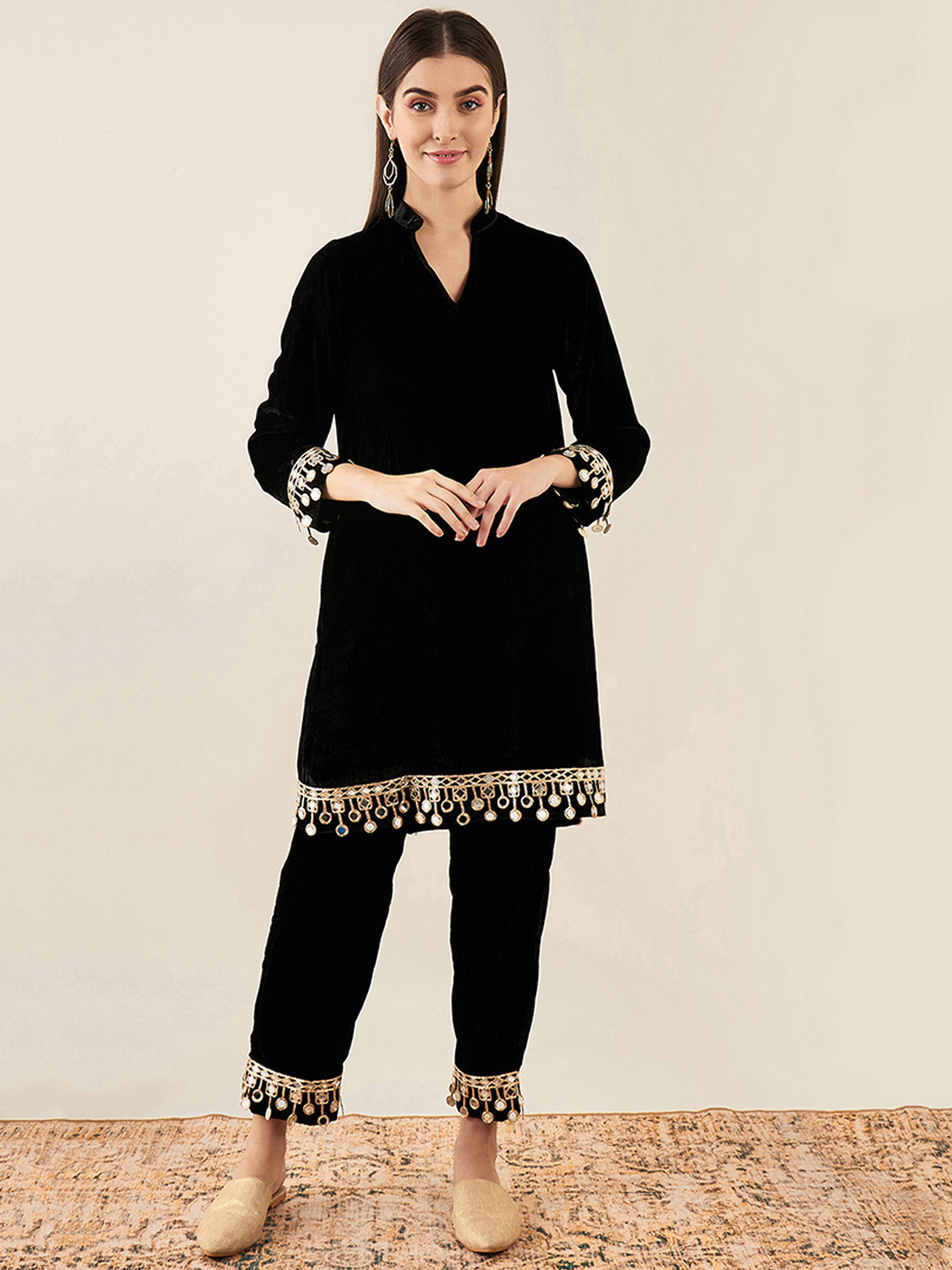 First Resort by Ramola Bachchan Women Embroidered Mirror Work Velvet Kurta with Trousers