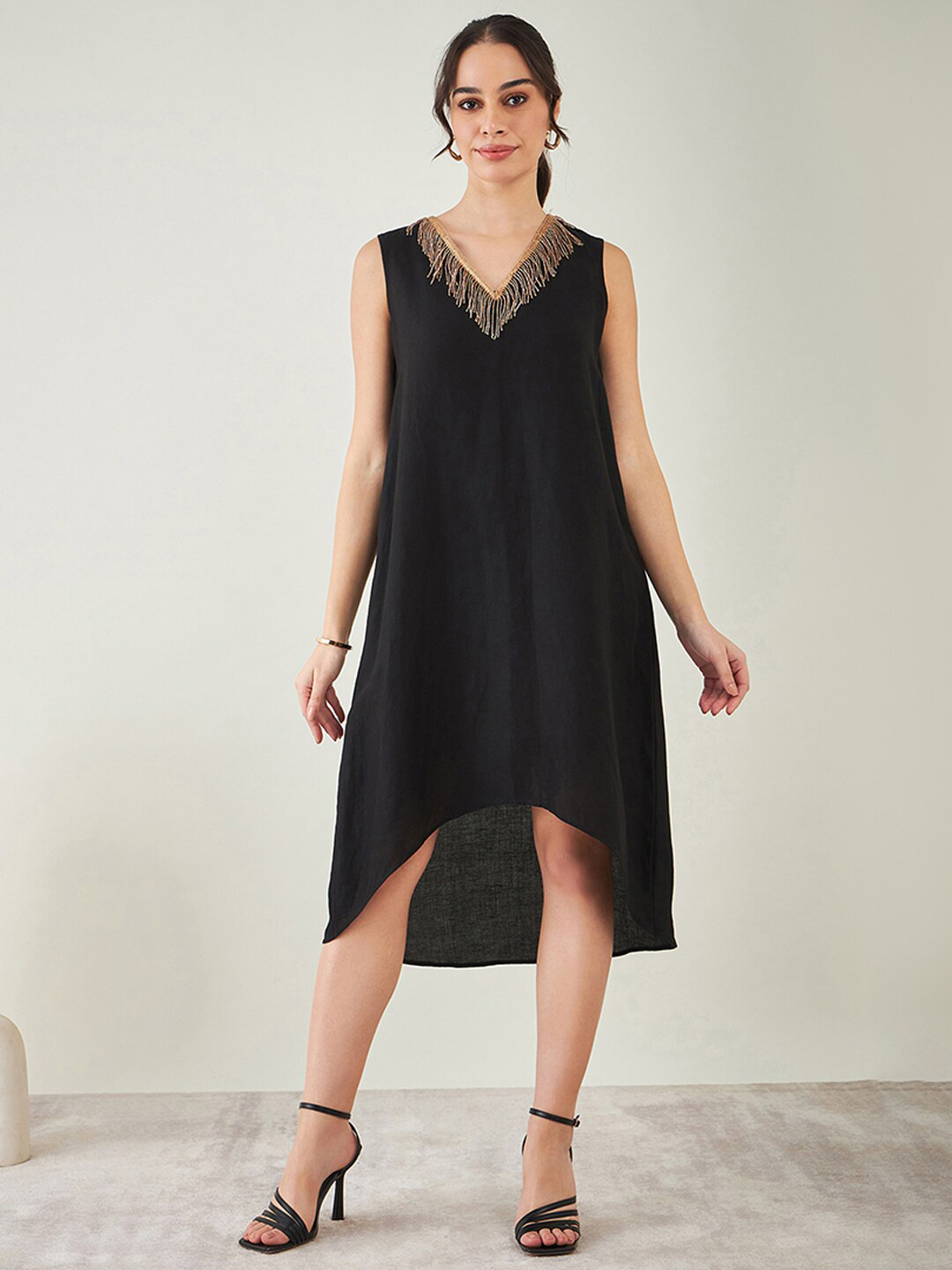 First Resort by Ramola Bachchan Off White Beaded Detail Linen Made to Measure A-Line Dress