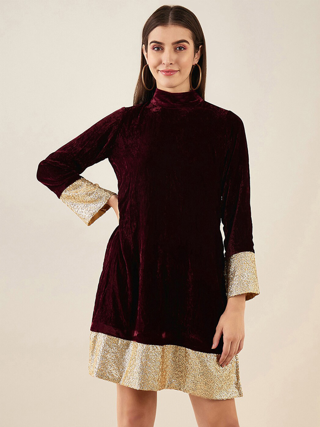 First Resort by Ramola Bachchan Sequinned High Neck Made to Measure Velvet A Line Dress