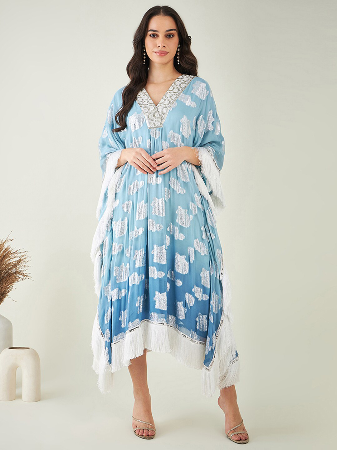 First Resort by Ramola Bachchan Embellished V-Neck Kimono Sleeves Kaftan Midi Ethnic Dress