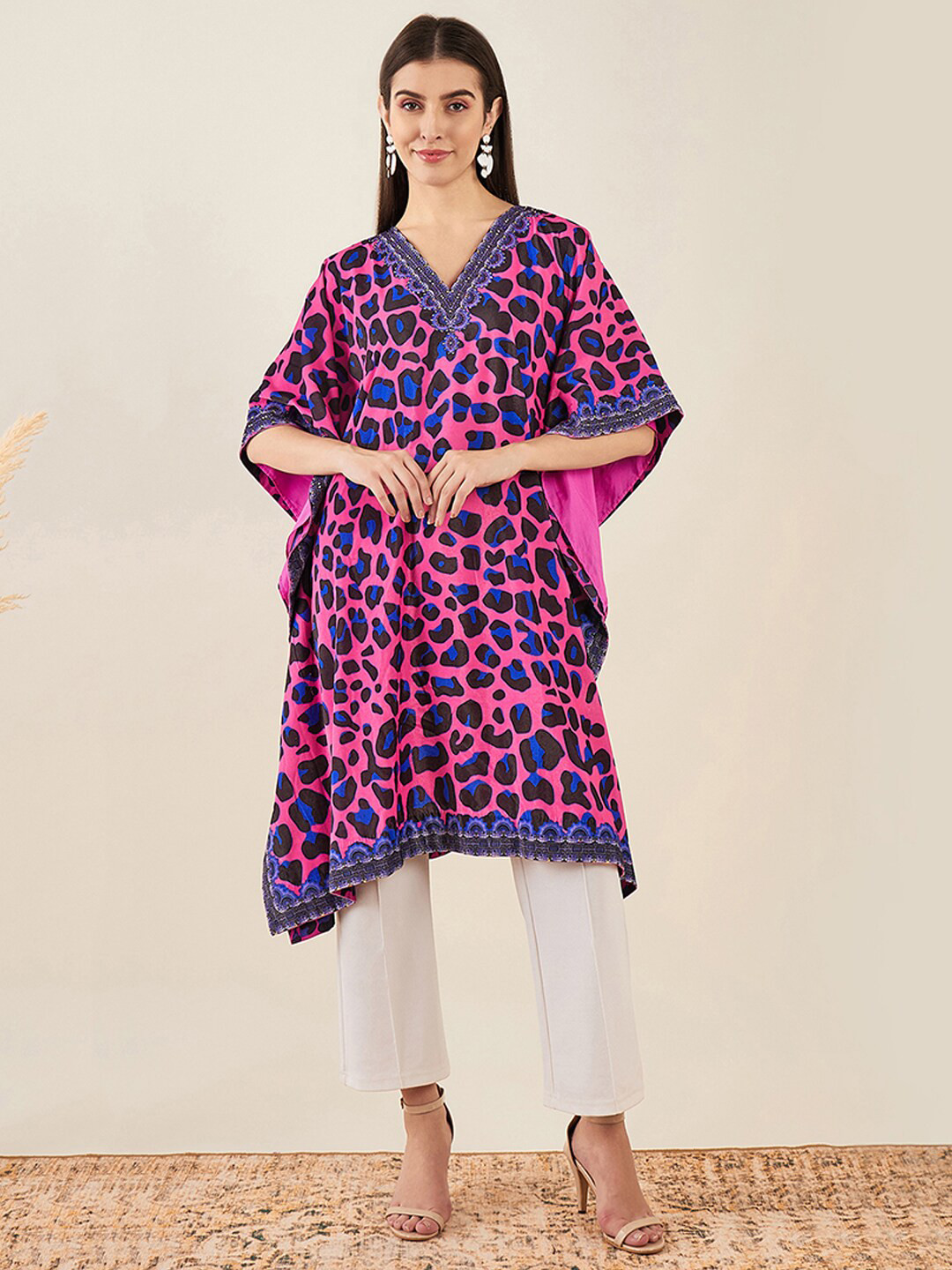 First Resort by Ramola Bachchan Abstract Printed Beads and Stones Velvet Kaftan Kurta