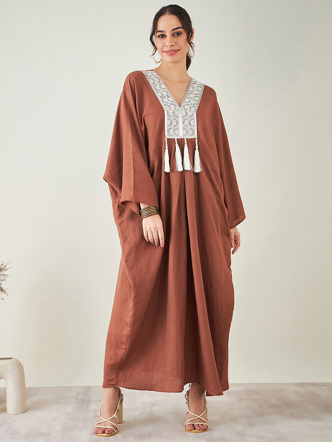 First Resort by Ramola Bachchan Bohemian Kimono Sleeve Linen Kaftan Maxi Dress