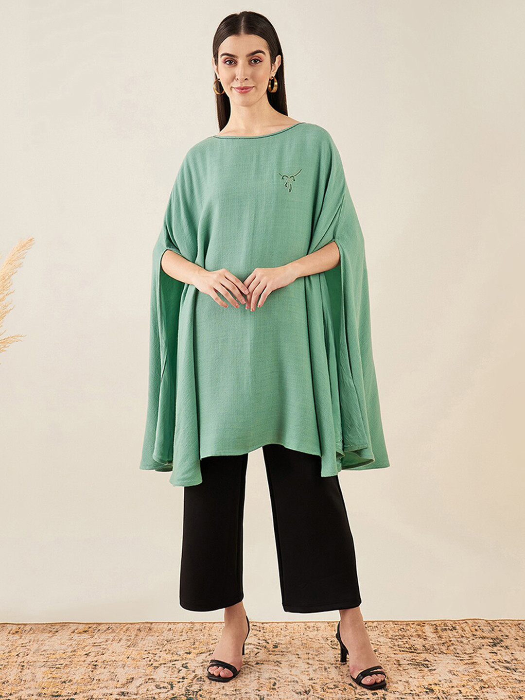 First Resort by Ramola Bachchan Boat Neck Slit Sleeves Cashmere Longline Cape Top