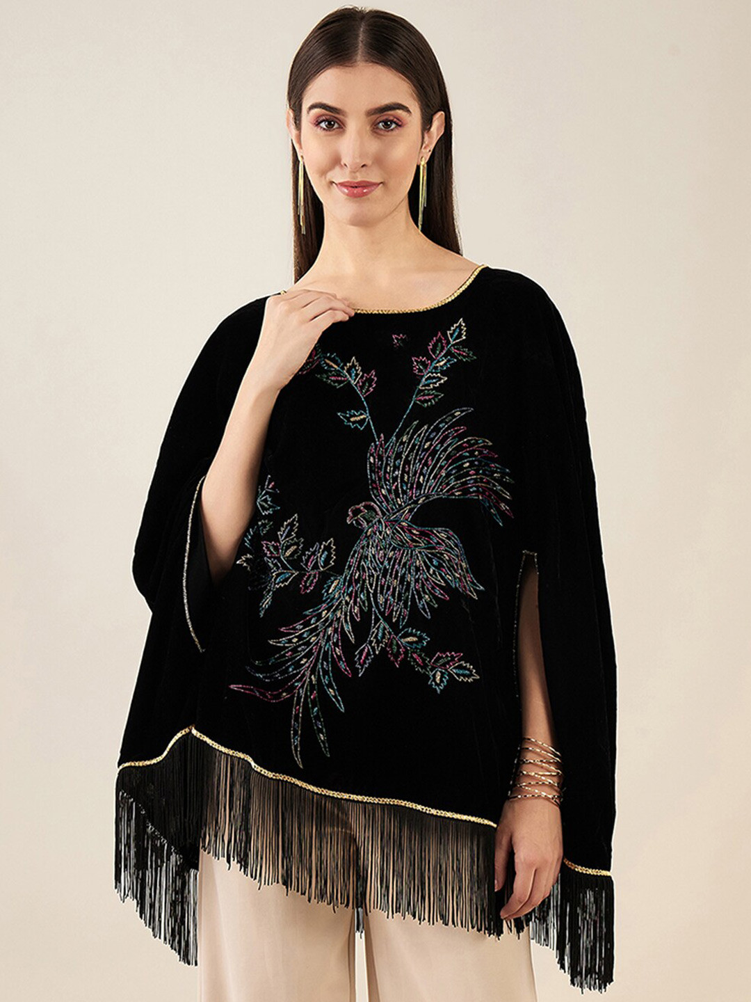 First Resort by Ramola Bachchan Embroidered Boat Neck Fringed Detail Poncho