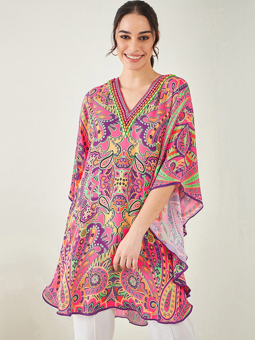 First Resort by Ramola Bachchan Paisley Printed V-Neck Embellished Tunic