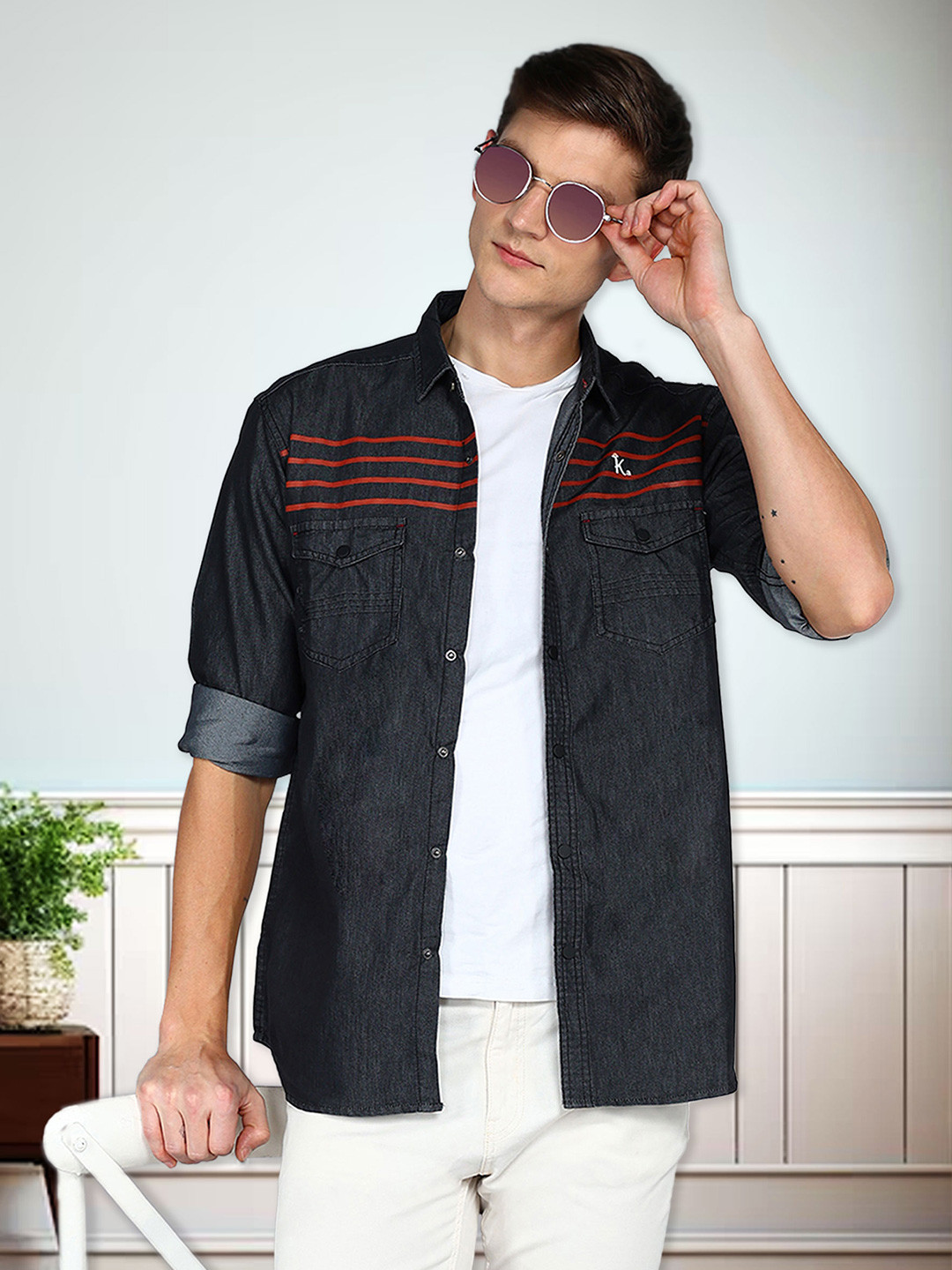 Kuons Avenue Smart Horizontal Stripes Slim Fit Denim Casual Shirt