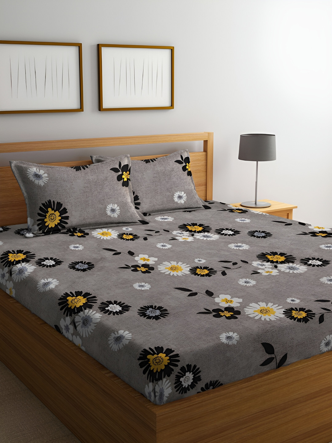 ERIC LONDON Grey Floral Microfiber 144 TC Queen Bedsheet with 2 Pillow Covers-88 x 100 inches