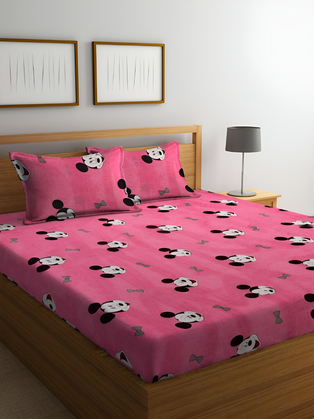 ERIC LONDON Pink Cartoon Characters Microfiber 144 TC Queen Bedsheet with 2 Pillow Covers-88 x 100 inches