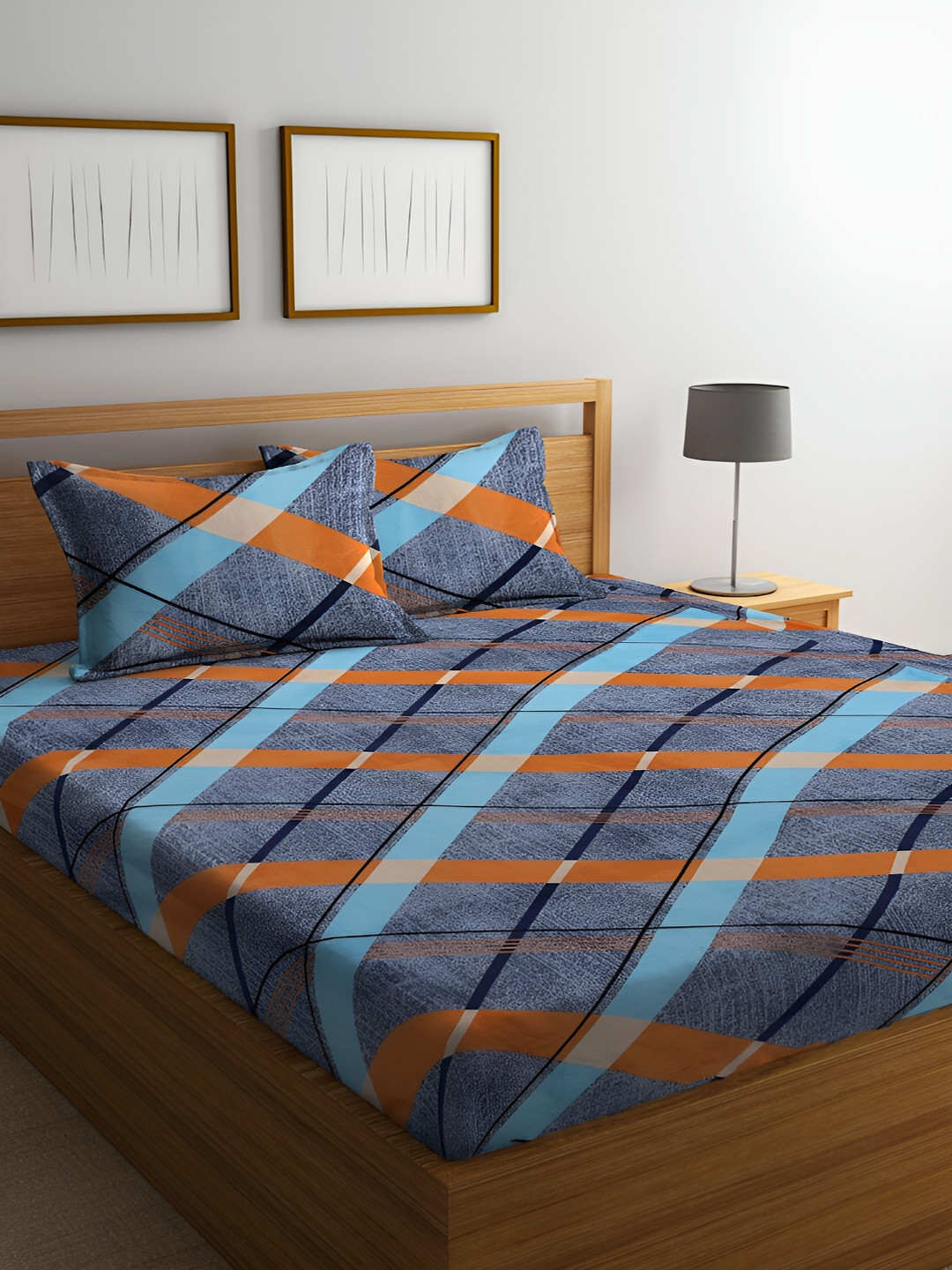 ERIC LONDON Blue Checked Microfiber 144 TC Queen Bedsheet with 2 Pillow Covers-88 x 100 inches