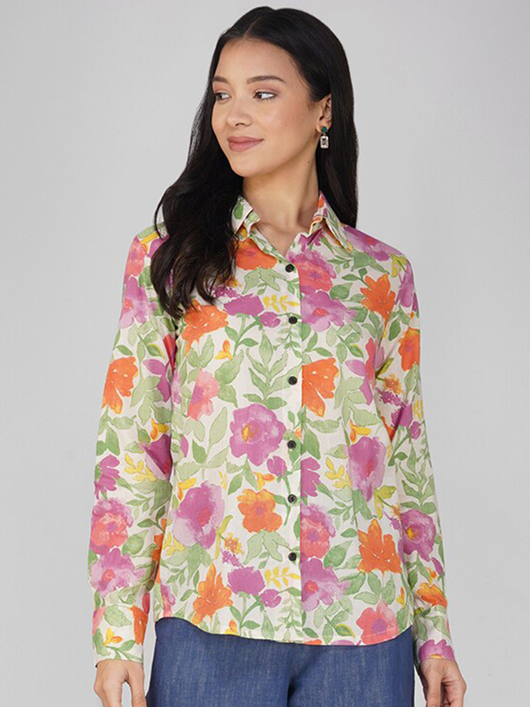 SPARSA Classic Floral Block Printed Long Sleeves Cotton Casual Shirt