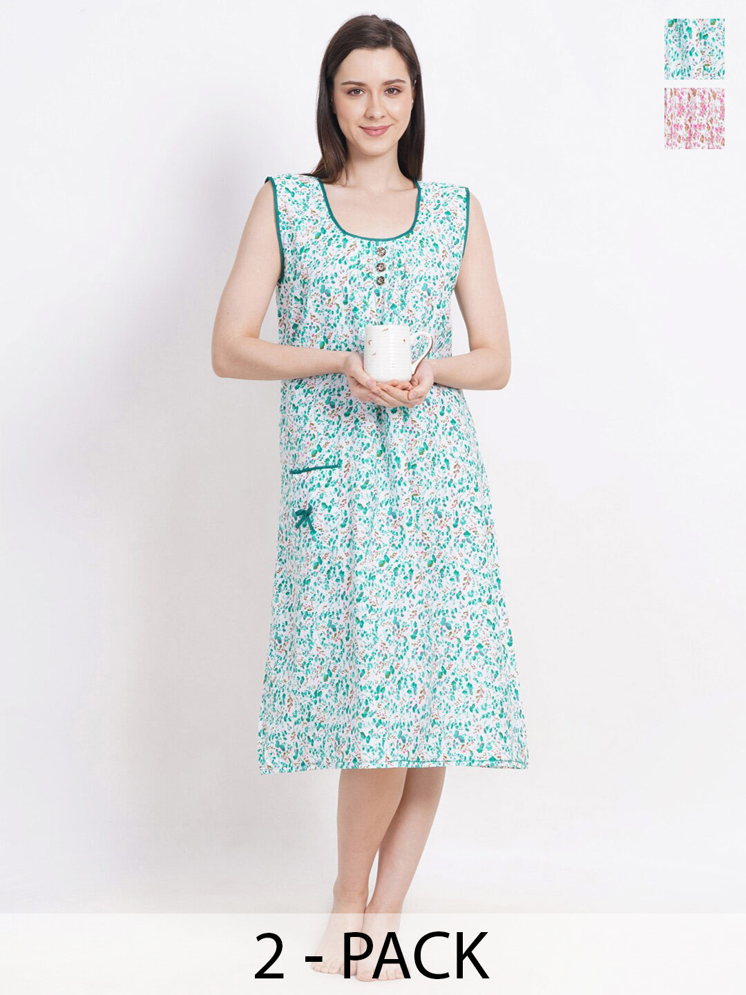 Breezly Pack Of 2 Floral Printed Sleeveless Pure Cotton Midi Nightdress