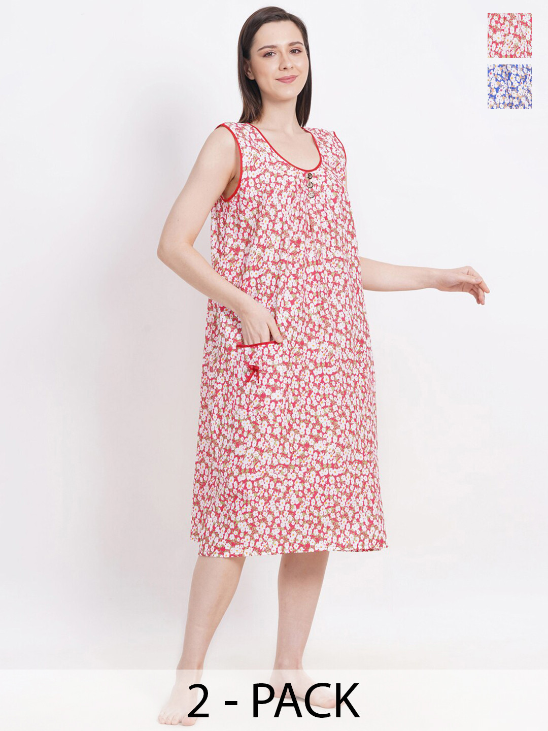 Breezly Pack Of 2 Floral Printed Sleeveless Pure Cotton Midi Nightdress