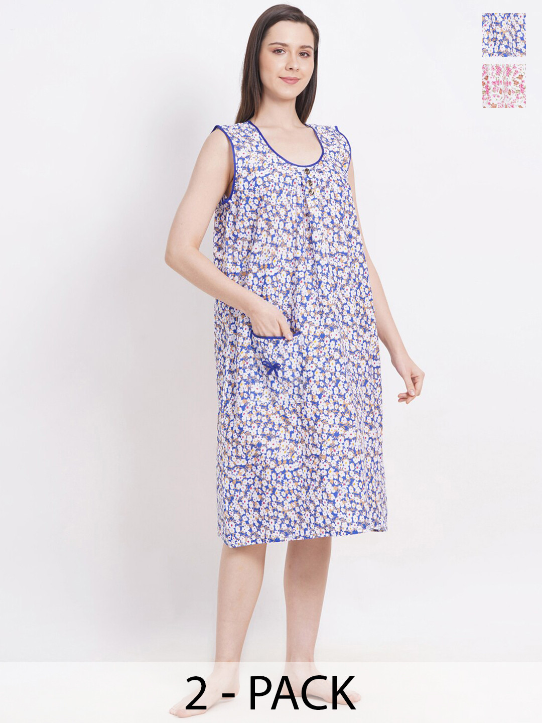 Breezly Pack Of 2 Floral Printed Sleeveless Pure Cotton Midi Nightdress