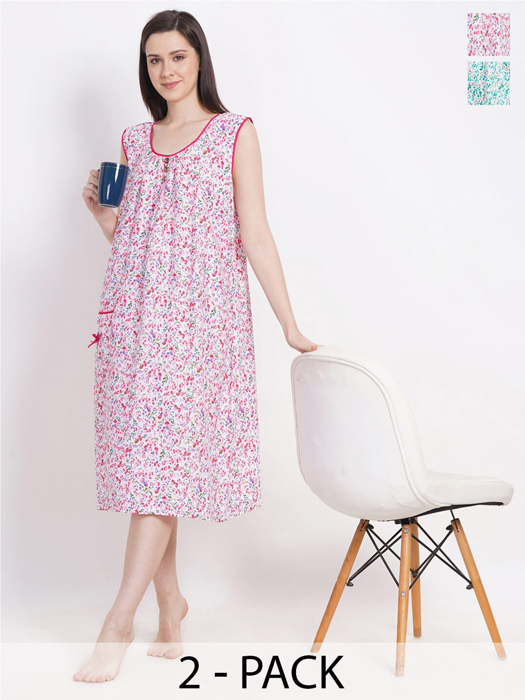 Breezly Pack Of 2 Floral Printed Sleeveless Pure Cotton Midi Nightdress