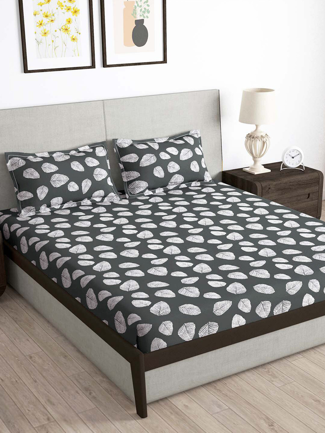 Story@home Pacific Juniper Charcoal Leaf Microfiber 180 TC Queen Bedsheet with 2 Pillow Covers-89 x 98 inches