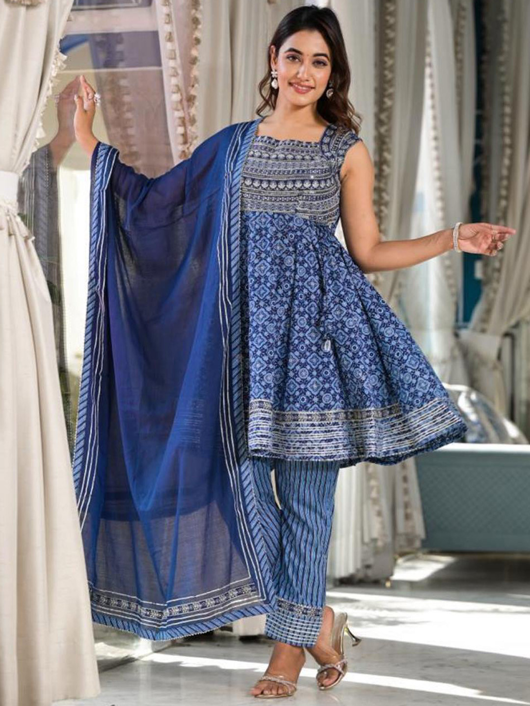 Varanga Blue Embroidered Empire Square Neck Anarkali Kurta With Trousers & Dupatta