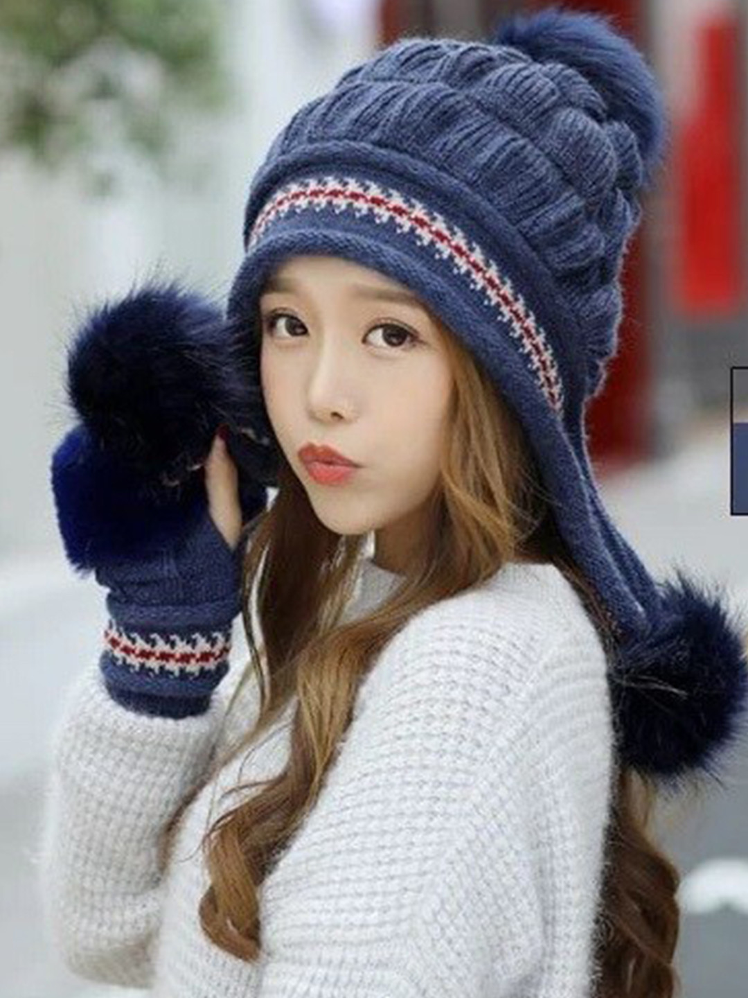Alexvyan Women Soft Thermal Soft Knitted Warm Winter Woolen Beanie Cap & Gloves