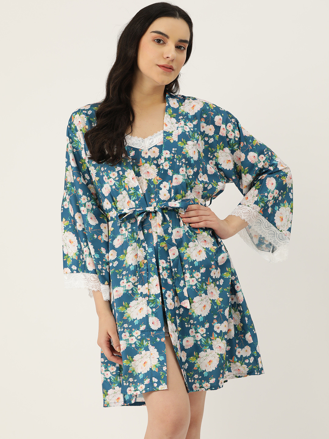 Ms.Lingies Floral Printed Satin Night Suit with Robe