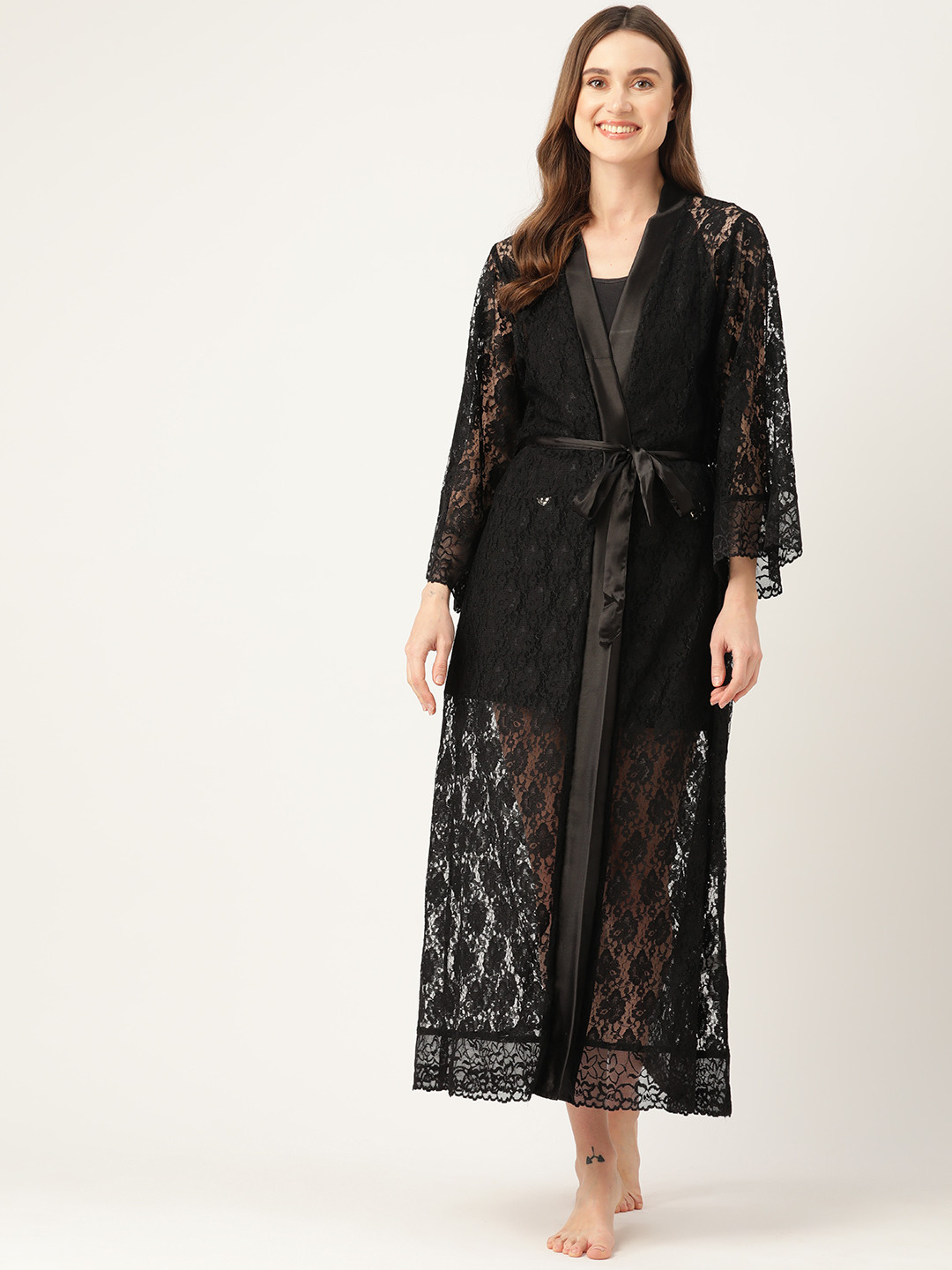 Ms.Lingies Women Solid Maxi Robe with Lace Detail