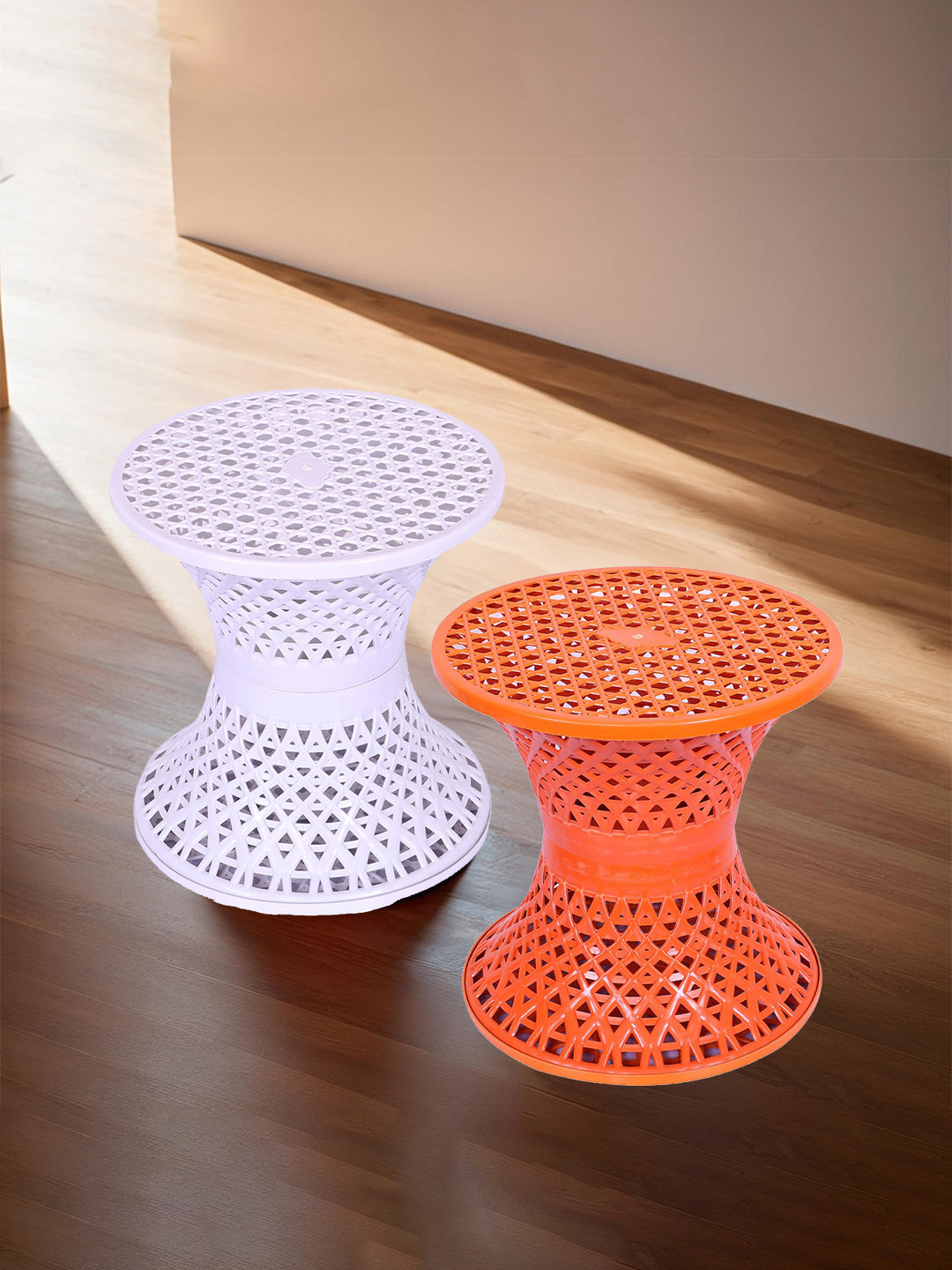 Kuber Industries 2-Pcs White & Orange-Coloured Damroo Style Stooles