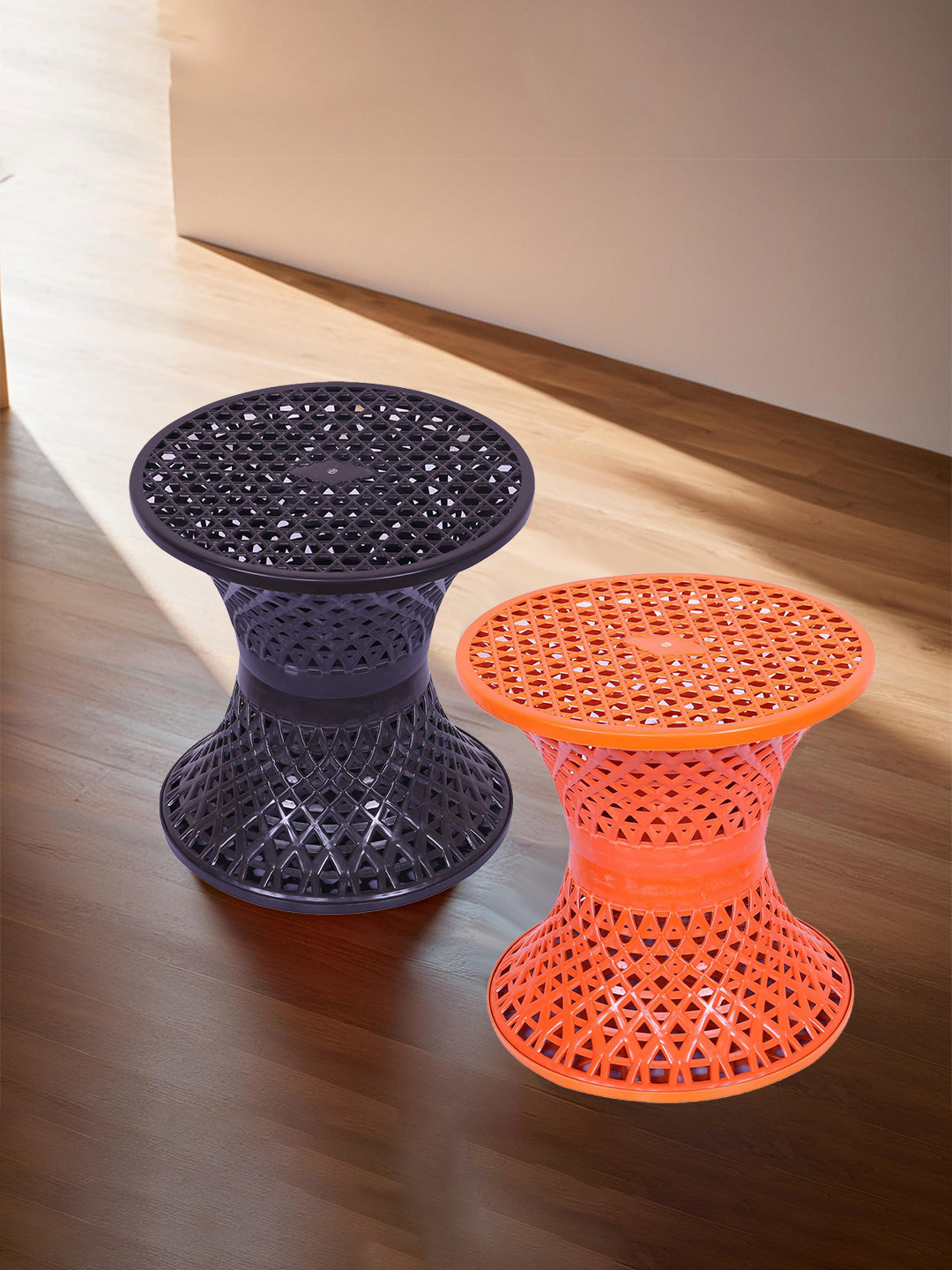 Kuber Industries 2-Pcs Black & Orange-Coloured Damroo Style Stooles